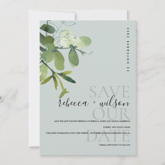 SAVE THE DATE ELÉGANTE COULEUR D'EAU EUCALYPTUS VERT MODERNE (Devant)