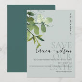 SAVE THE DATE ELÉGANTE COULEUR D'EAU EUCALYPTUS VERT MODERNE (Devant / Derrière)