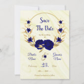 Save The Date élégante couronne de fleurs d'or bleu royal (Devant)