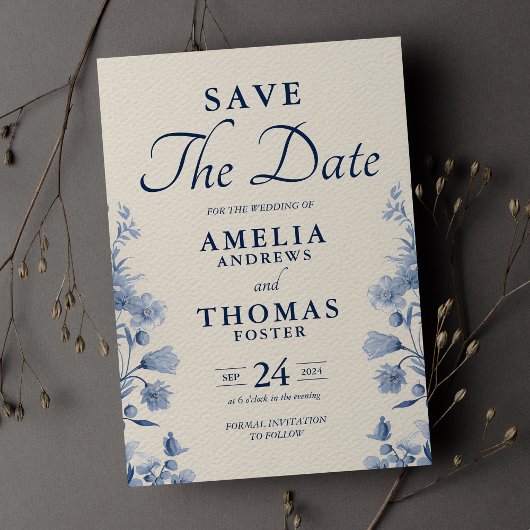 Save The Date Elégante crème classique et Mariage Floral bleu fr