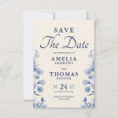 Save The Date Elégante crème classique et Mariage Floral bleu fr (Devant)