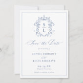 Save The Date Élégante crête baroque Monogramme Mariage bleu (Devant)