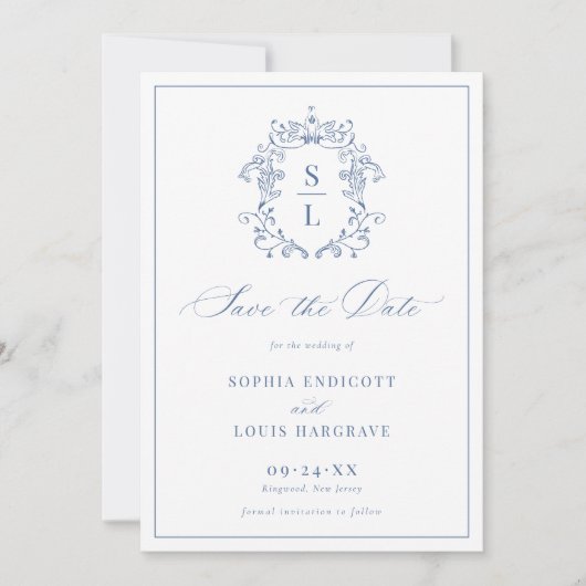Save The Date Élégante crête baroque Monogramme Mariage bleu (Devant)