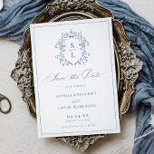 Save The Date Élégante crête baroque Monogramme Mariage bleu