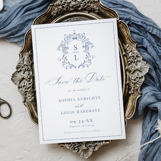 Save The Date Élégante crête baroque Monogramme Mariage bleu