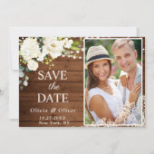 Save The Date Elégante dentelle blanche Roses dentelle bois Rust (Devant)