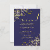 Save The Date Elégante dentelle d'or sur Mariage bleu marine (Dos)