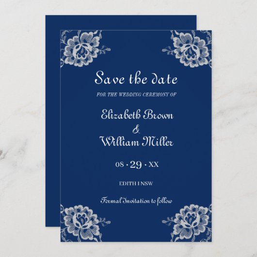 Save The Date Elégante dentelle florale sur Mariage bleu marine (Devant / Derrière)