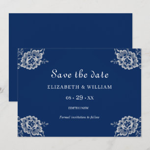 Save The Date Elégante dentelle florale sur Mariage bleu marine