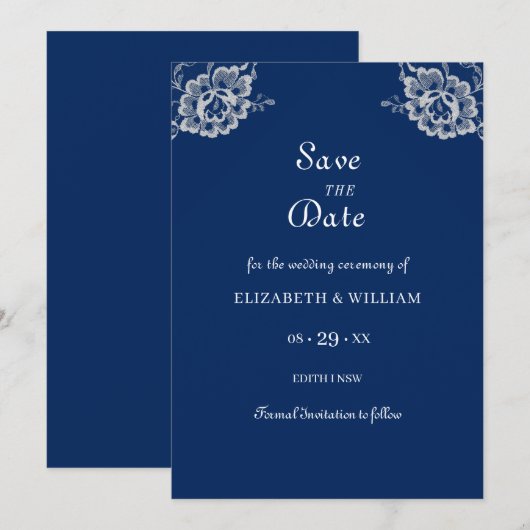 Save The Date Elégante dentelle florale sur Mariage bleu marine (Devant / Derrière)