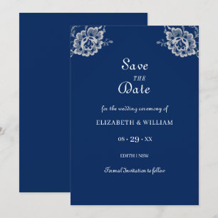 Save The Date Elégante dentelle florale sur Mariage bleu marine