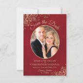 Save The Date Elégante dentelle or et Mariage rouge marbré (Devant)