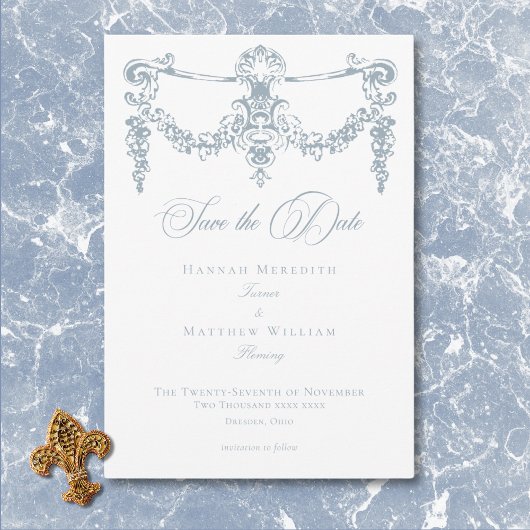 Save The Date Elégante Dusty Blue Chinoiserie Cherub Mariage