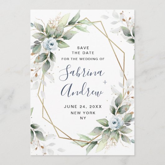Save The Date Elégante Dusty Blue Flowers Mariage de verdure (Devant)