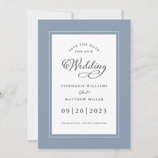 Save The Date Elégante Dusty Blue Mariage Chic Frame Calligraphi (Devant)