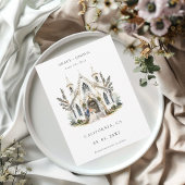 Save The Date Elégante Eglise aquarelle Lieu Manoir Mariage