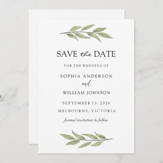 Save The Date Élégante Feuille verte verdure Printemps Mariage (Devant / Derrière)