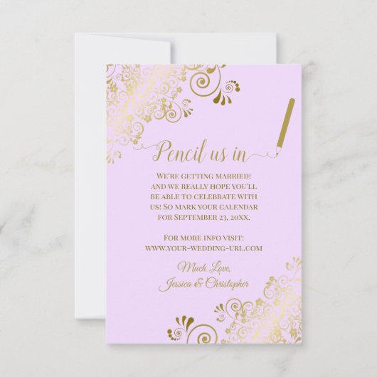 Save The Date Elégante Filigree dentelle d'or sur Mariage violet (Dos)