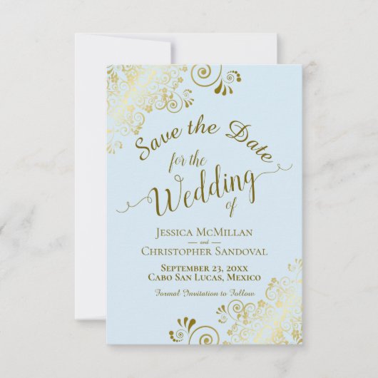 Save The Date Élégante Filigree or bouclés sur le mariage bleu p (Devant)