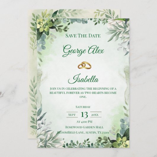 Save The Date Élégante Flore verte Enregistrer la date Mariage (Devant / Derrière)