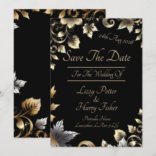 Save The Date Élégante gamme florale noire et or (Devant / Derrière)