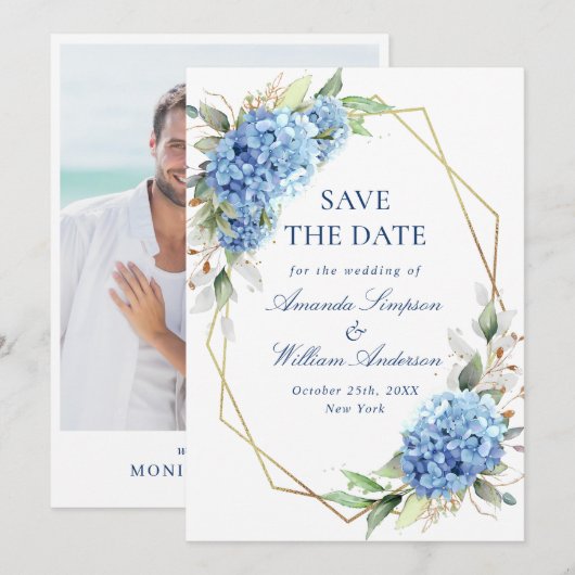 Save The Date Élégante Hydrangée Bleue Florale Mariage Photo (Devant / Derrière)
