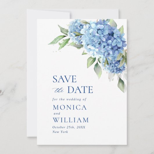 Save The Date Élégante Hydrangée Bleue Florale Mariage Photo (Devant)