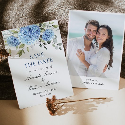 Save The Date Élégante Hydrangée Bleue Florale Mariage Photo