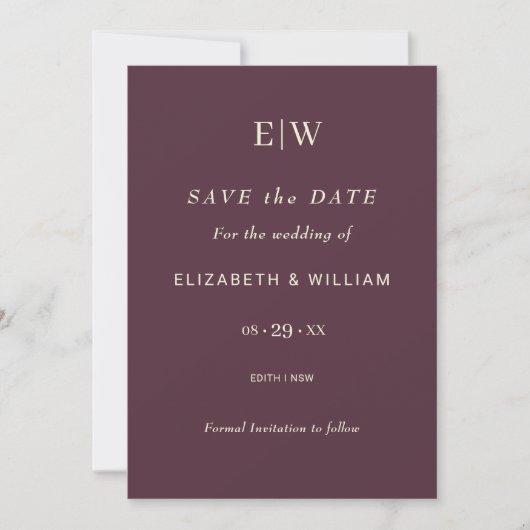 Save The Date Elégante laque simple cerise, Mariage Monogramme (Devant)