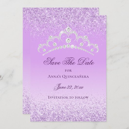 Save The Date Elégante lumière violet 15e anniversaire Quinceane (Devant / Derrière)