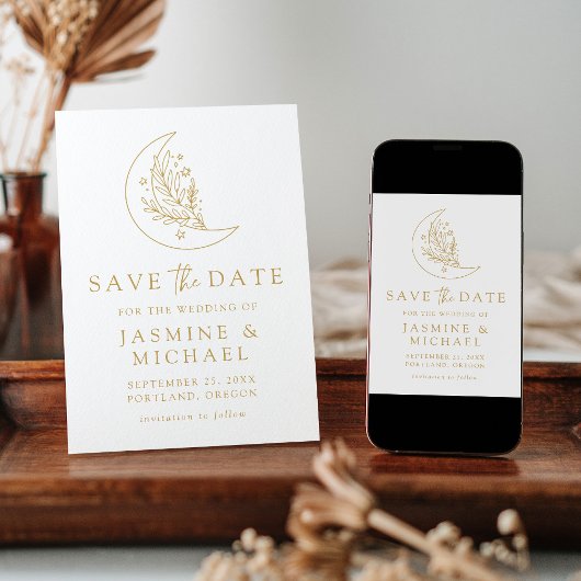 Save The Date Élégante Lune botanique et Mariage d'or des étoile