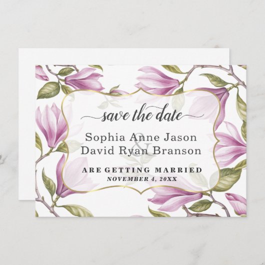 Save The Date Élégante Magnolia Fleurs Or Mariage Calligraphie (Devant / Derrière)