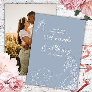 Save The Date Elégante main rustique tiré Couple Dusty Blue Phot