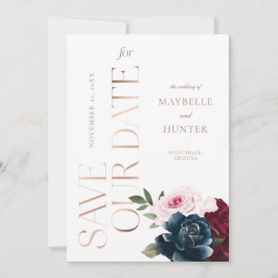 Save The Date Elégante marine Bourgogne Aquarelle Florale Rose O