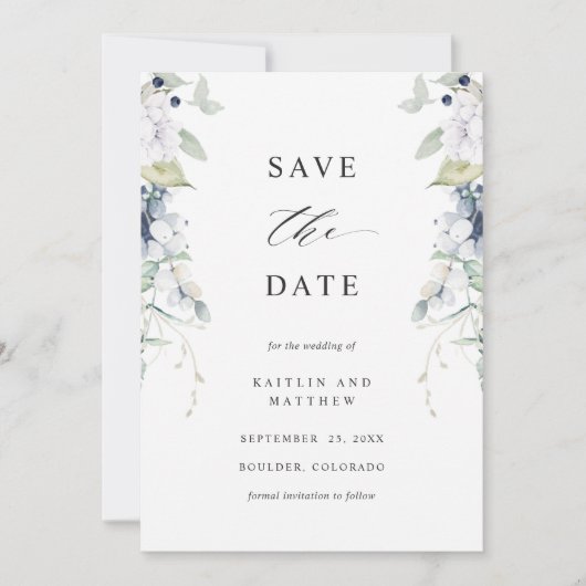 Save The Date Elégante marine et Mariage floral blanc (Devant)