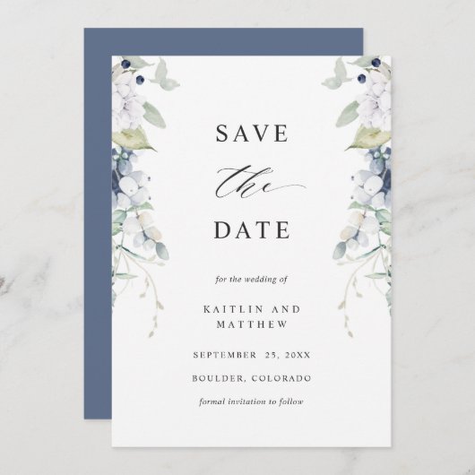 Save The Date Elégante marine et Mariage floral blanc (Devant / Derrière)