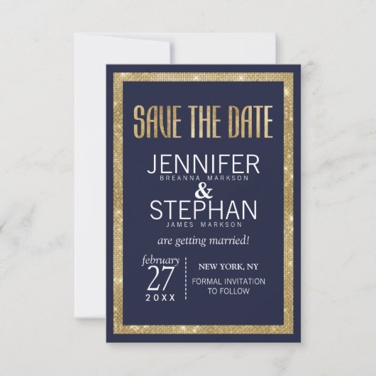 Save The Date Élégante Marine moderne Blue Gold Sequin Enregistr (Devant)