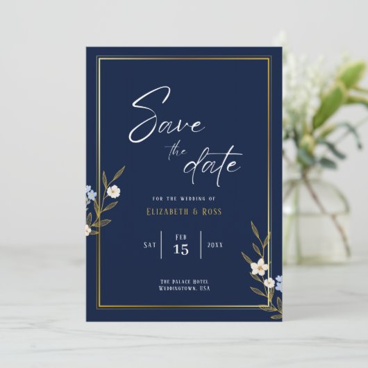 Save the Date - Elegante marineblauw en gouden blo (Staand voorkant)