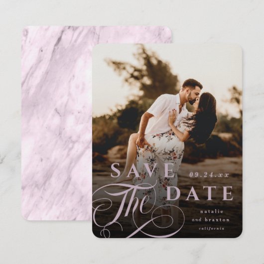 Save The Date Elégante Mauve Pink Typographie & Marble Back Phot (Devant / Derrière)
