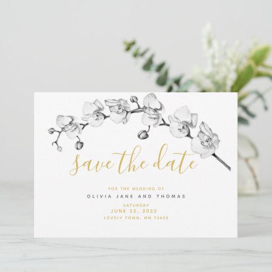 Save The Date Elégante Orchidée Blanche Moderne Boho Mariage élé (Debout devant)