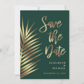 Save The Date Elégante Palm Tropical Feuille Green Gold (Devant)