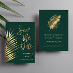 Save The Date Elégante Palm Tropical Feuille Green Gold<br><div class="desc">Minimal et élégant enregistrer la carte d'annonce de date avec des feuilles de fougères tropicales d'or contre un arrière - plan vert foncé, "Save the Date" dans un grand script élégant et vos noms et enregistrer les détails de la date dans une simple typographie moderne. Parfait pour un mariage de...</div>