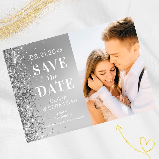 Save The Date Elégante Parties scintillant Argent Photo Mariage 