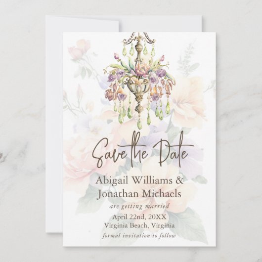 Save The Date Elégante Pêche Florale, Violet, Mariage Vert Sage (Devant)