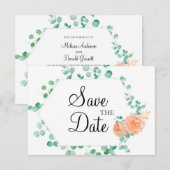 Save The Date Elégante Pêche verte Eucalyptus Florale (Devant / Derrière)