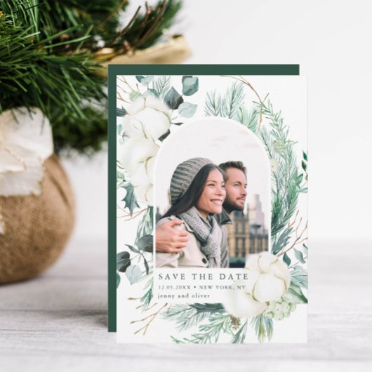 Save The Date Elégante photo À feuillage persistant et Fleurs de