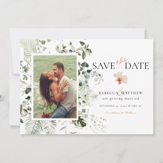 Save The Date Élégante Photo de Mariage Florale Bohème de Verdur (Devant)