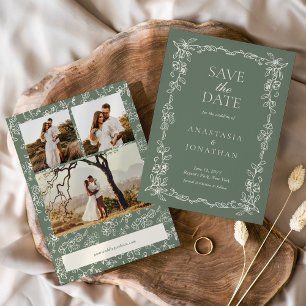 Save The Date Élégante Photo de Mariage Vintage Vert Sauge