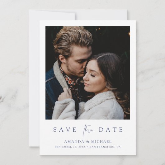 Save The Date Élégante photo de script bleu (Devant)