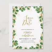 Save The Date Élégante photo Emerald Green & Gold Eucalyptus (Devant)